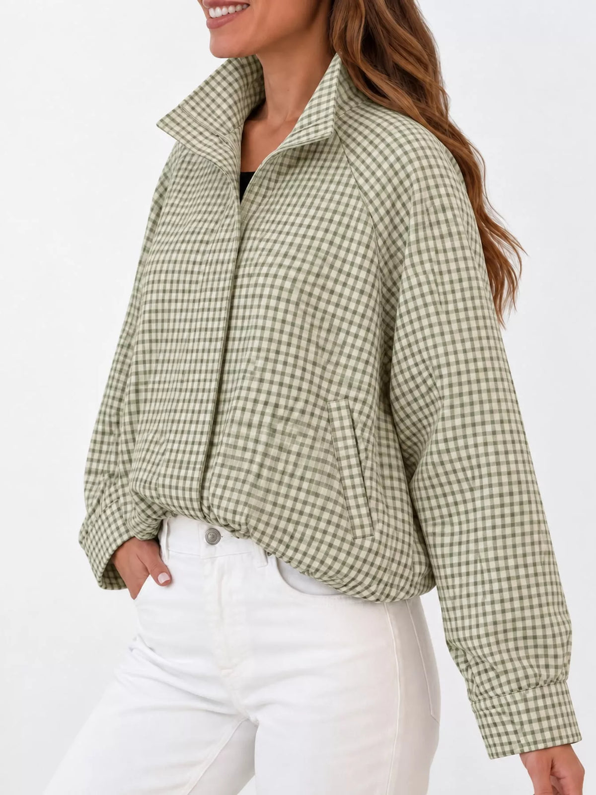 Grass Green plaid stand-collar cropped jacket