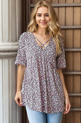 Trendsi Heimish Full Size Short Sleeve Crisscross Animal Babydoll Top Plus Size - Shirts