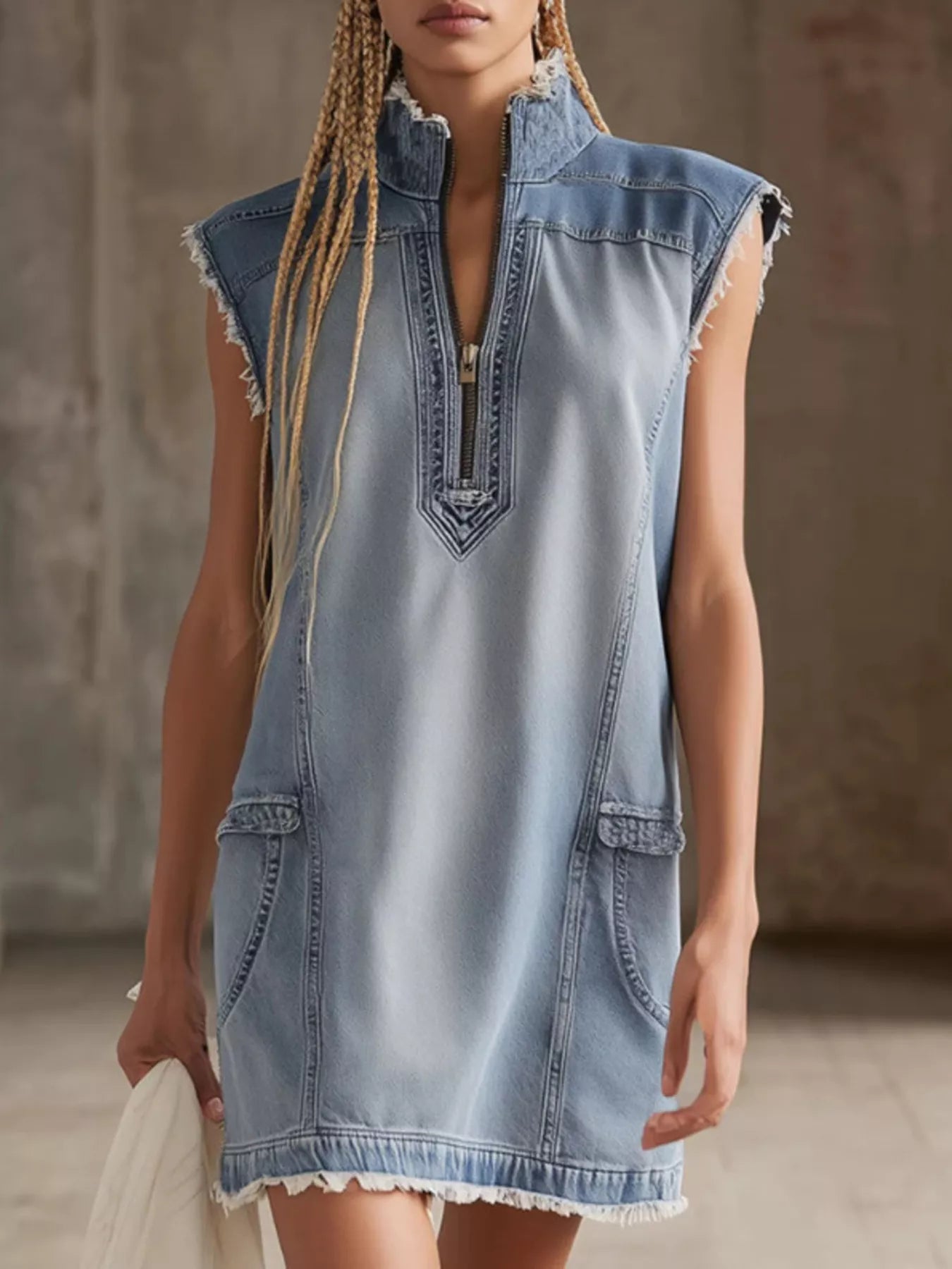 Sleeveless frayed-hem zip-front denim mini dress