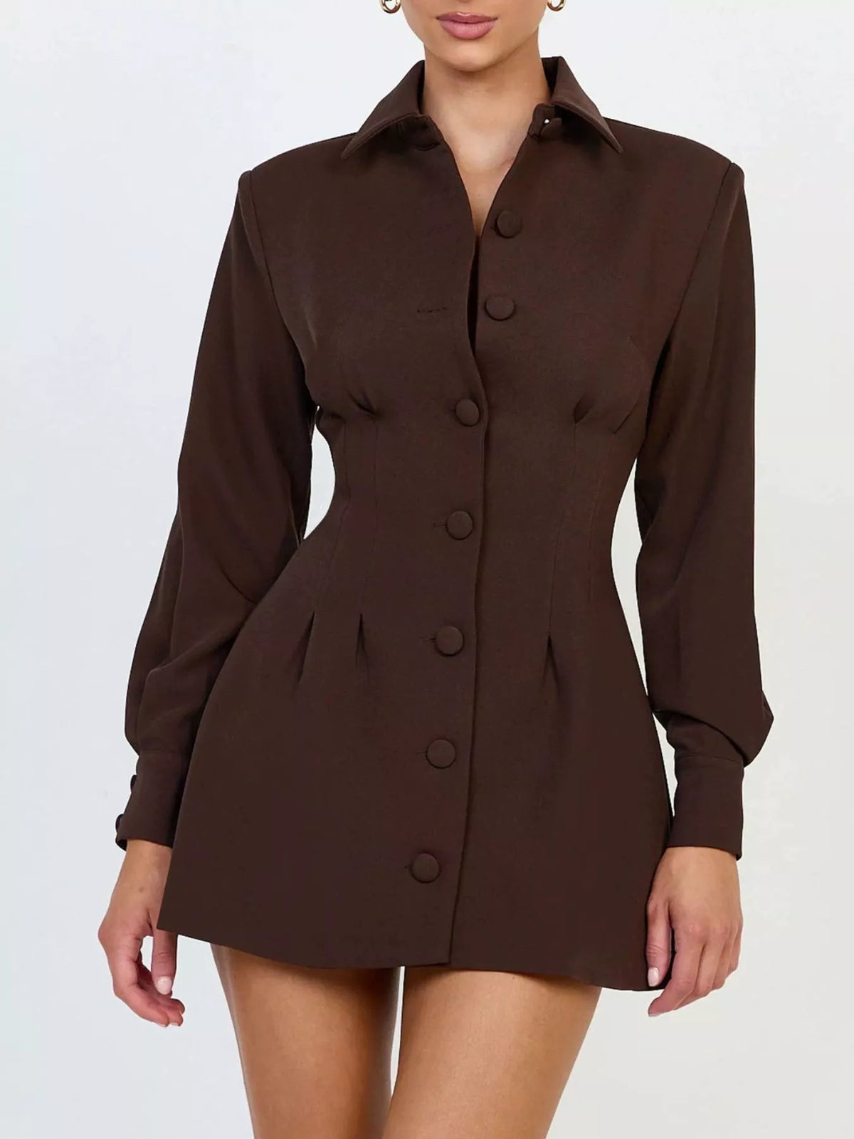 Corset-style mini blazer dress — brown front straight view.