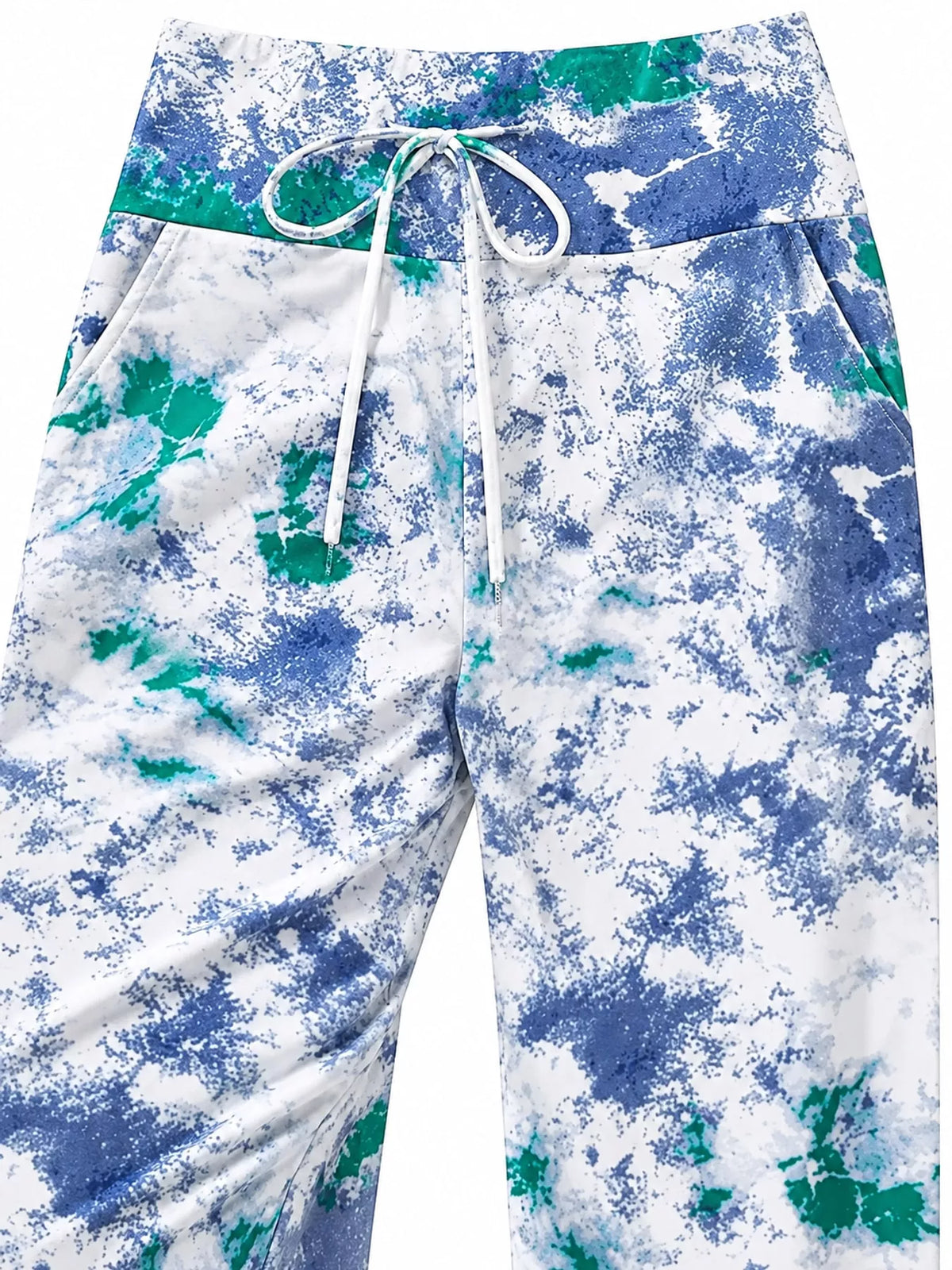 Wide-leg lounge pants, blue-green drawstring detail