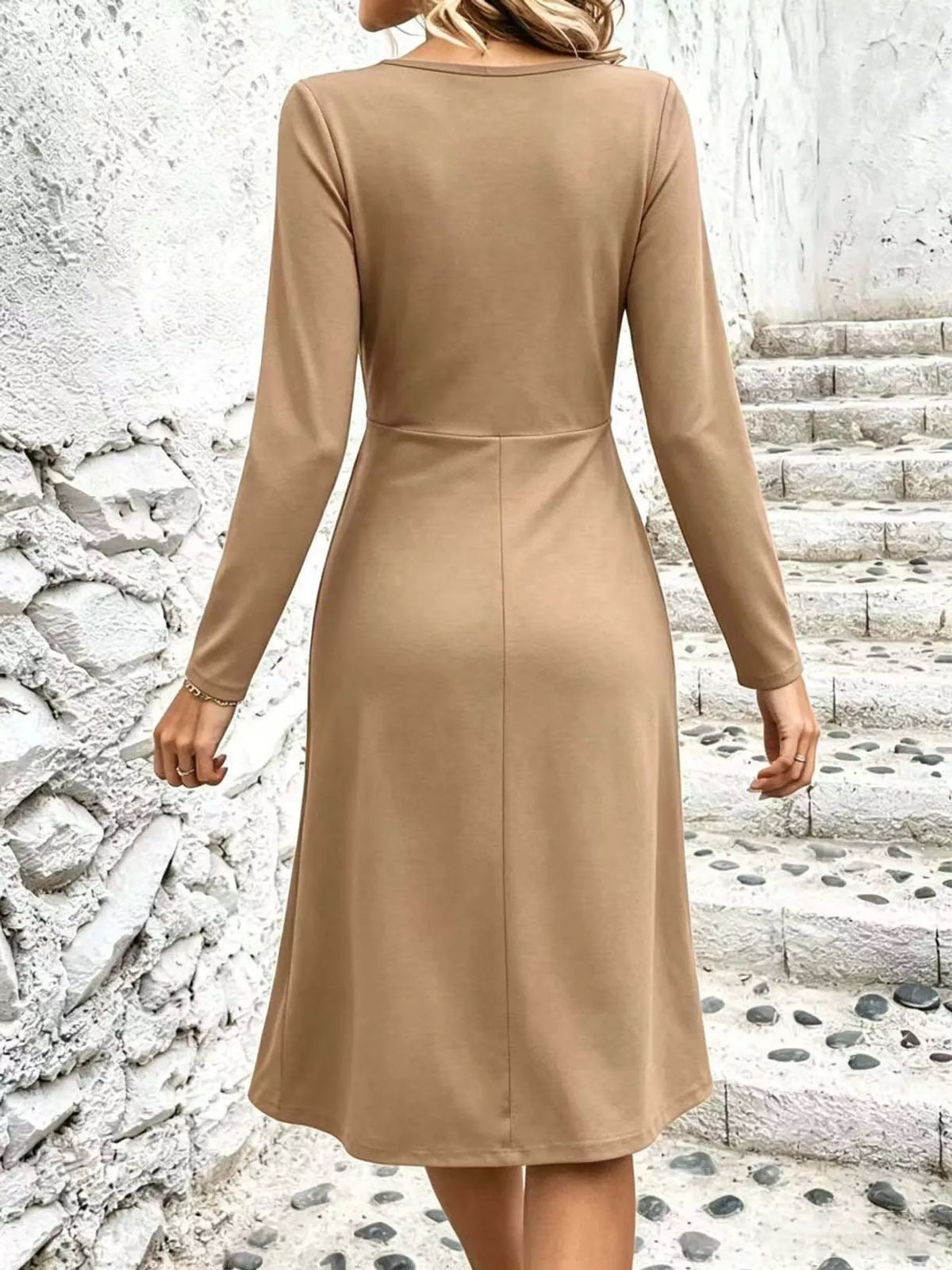 Camel long sleeve ruched-front midi dress, back view