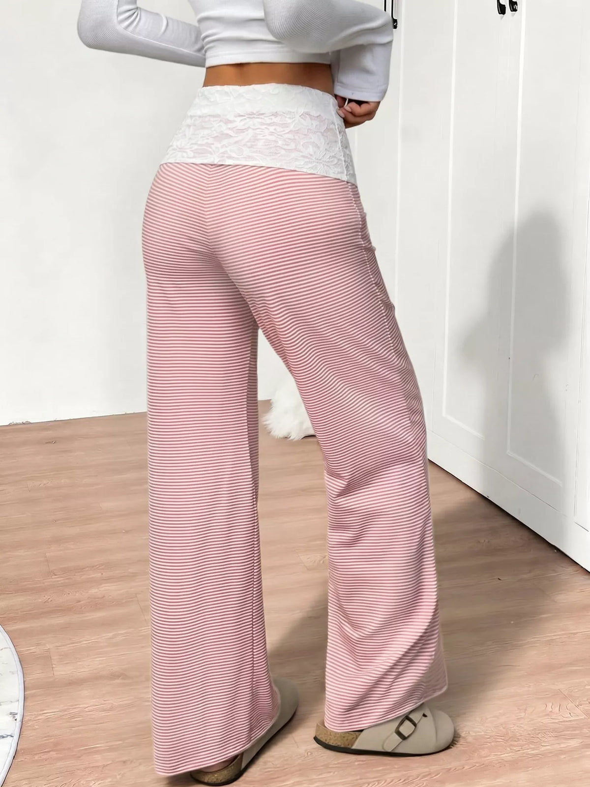 Lace Detail Striped Pants in pink, back view