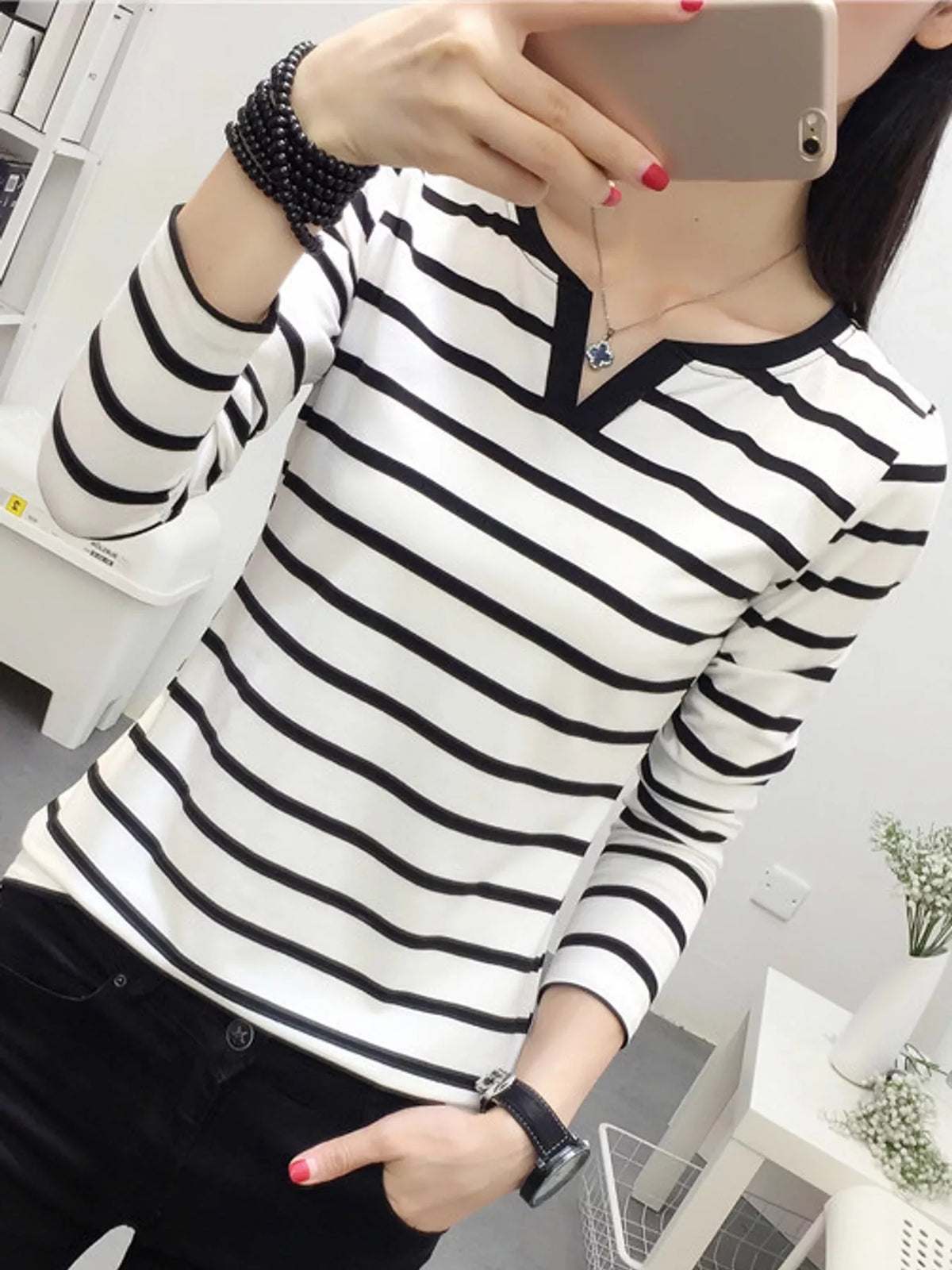 Striped Notched Long Sleeve T-Shirt in white and black