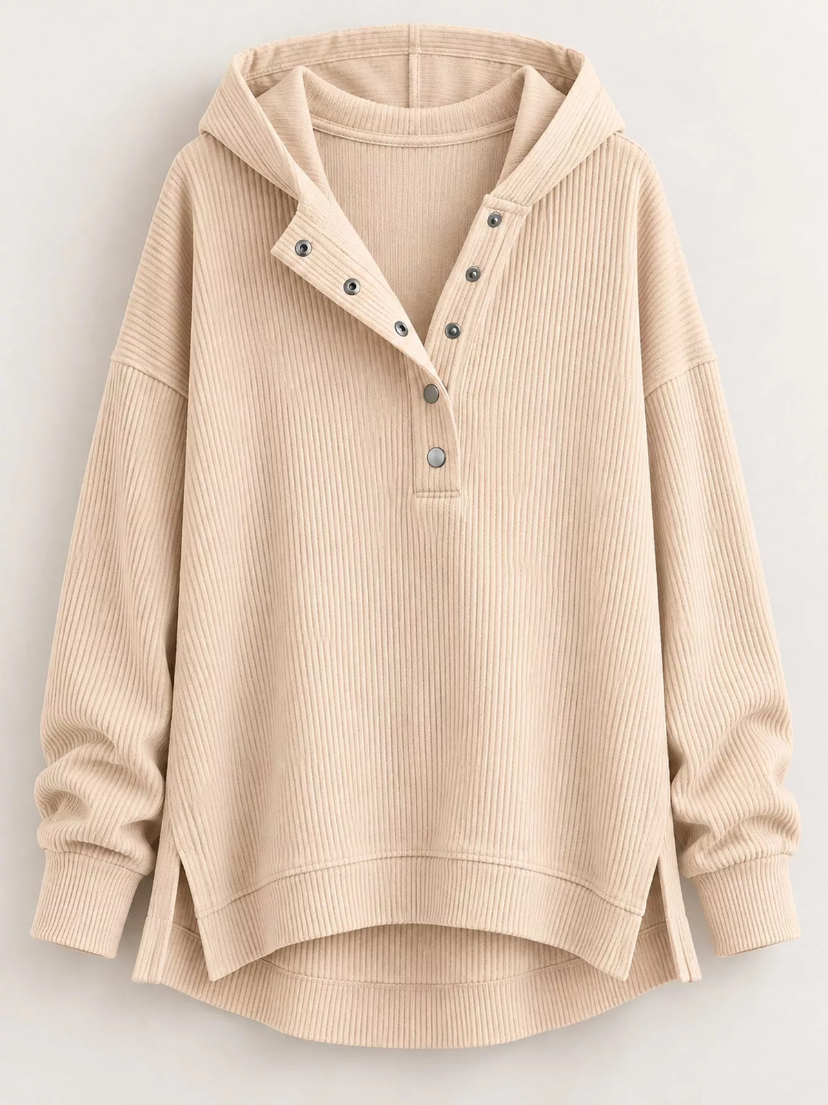 Women's Snap Button Placket Dropped Shoulder Hoodie in cream — flat lay view