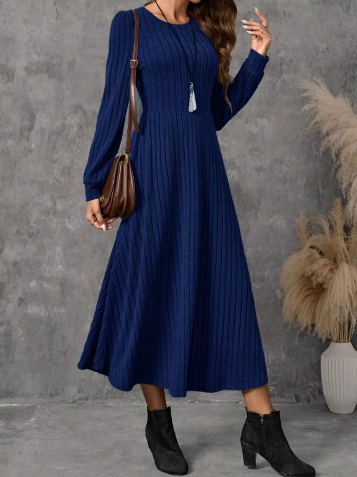 Women's Ribbed Knit Long Sleeve A-Line Midi Dress in blue — front view