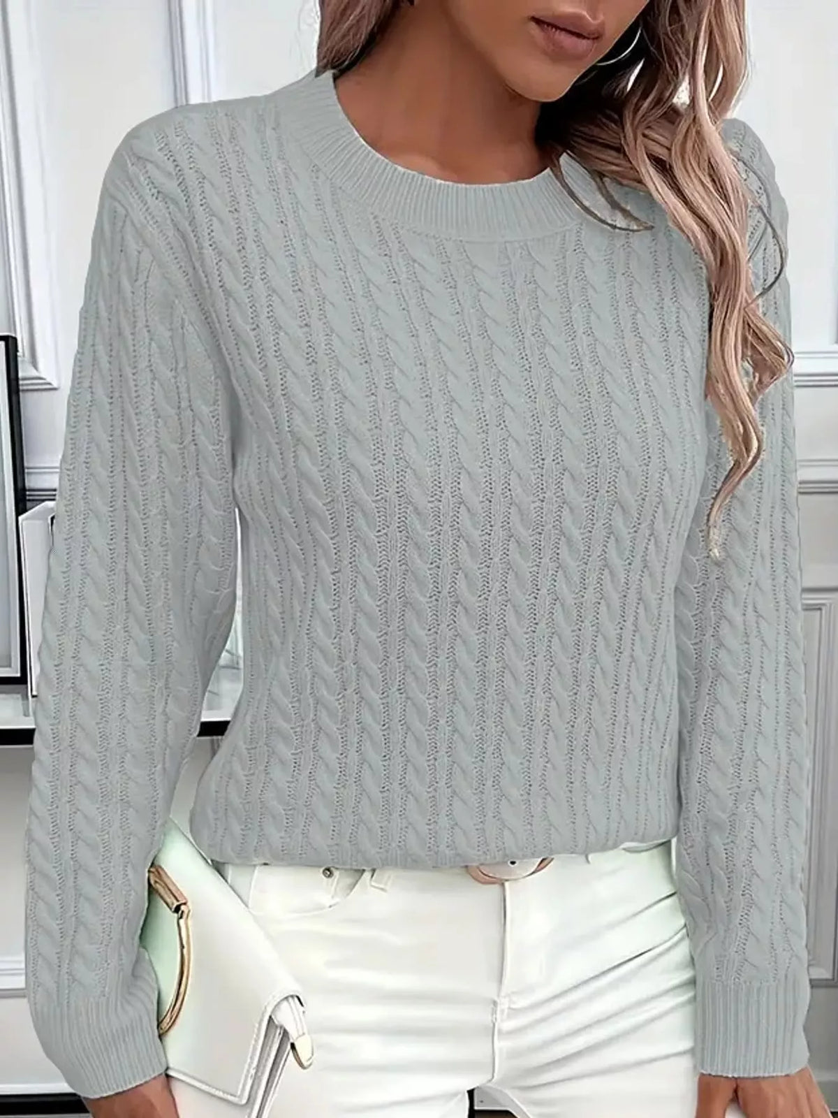 Silver Gray cable knit round neck sweater