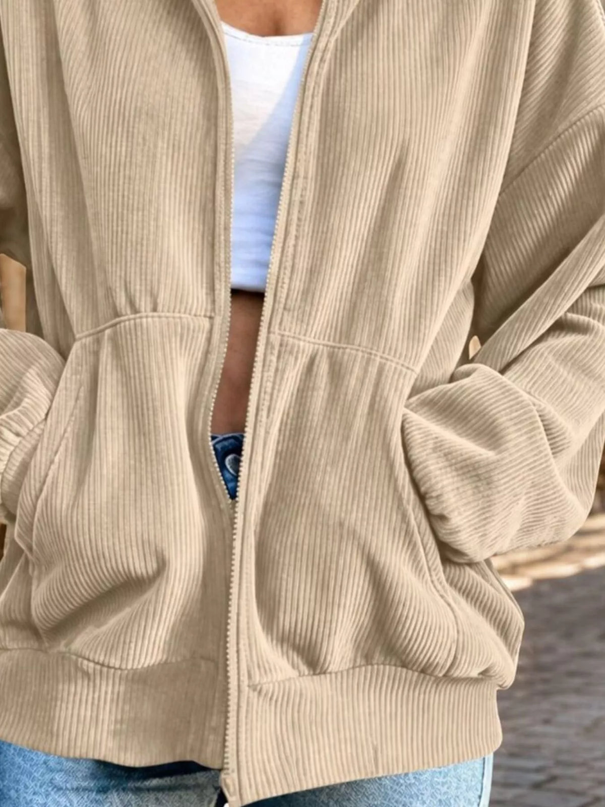Corduroy Zip-Up Stand Collar Sweatshirt, pocket detail