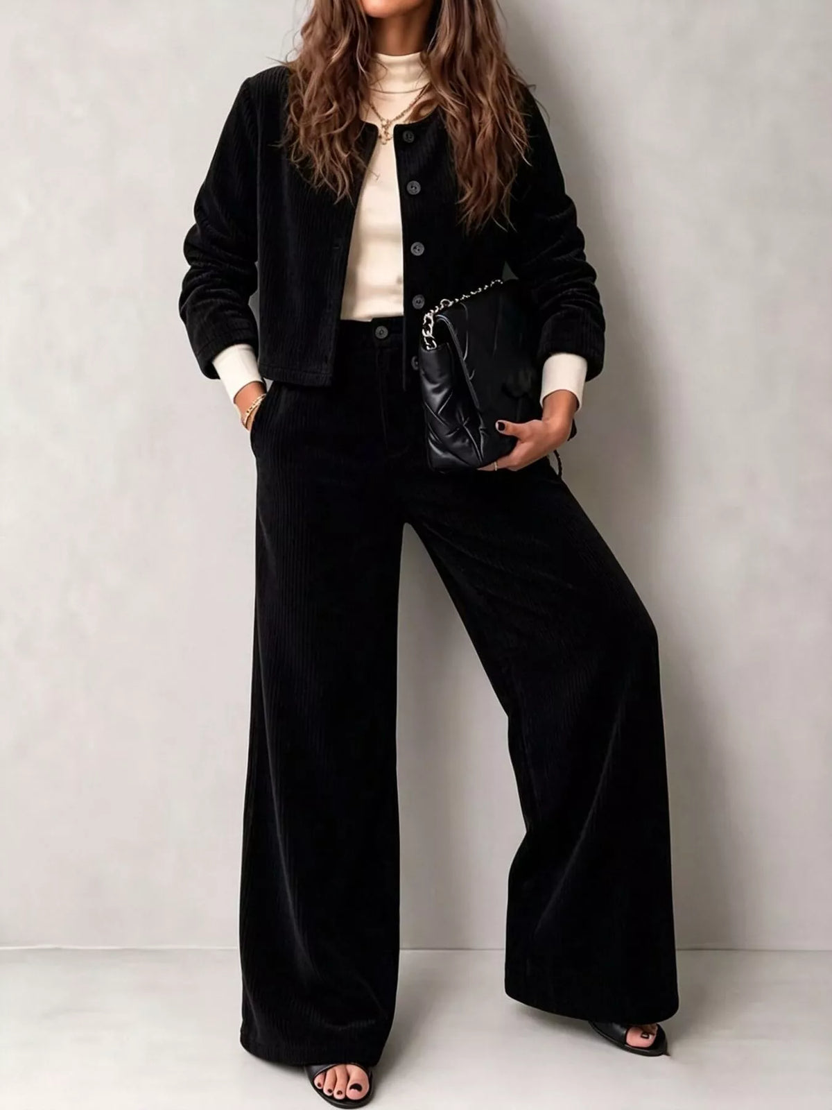 Women's Corduroy Button-Down Jacket and Wide-Leg Pants Two-Piece Set in black — front view