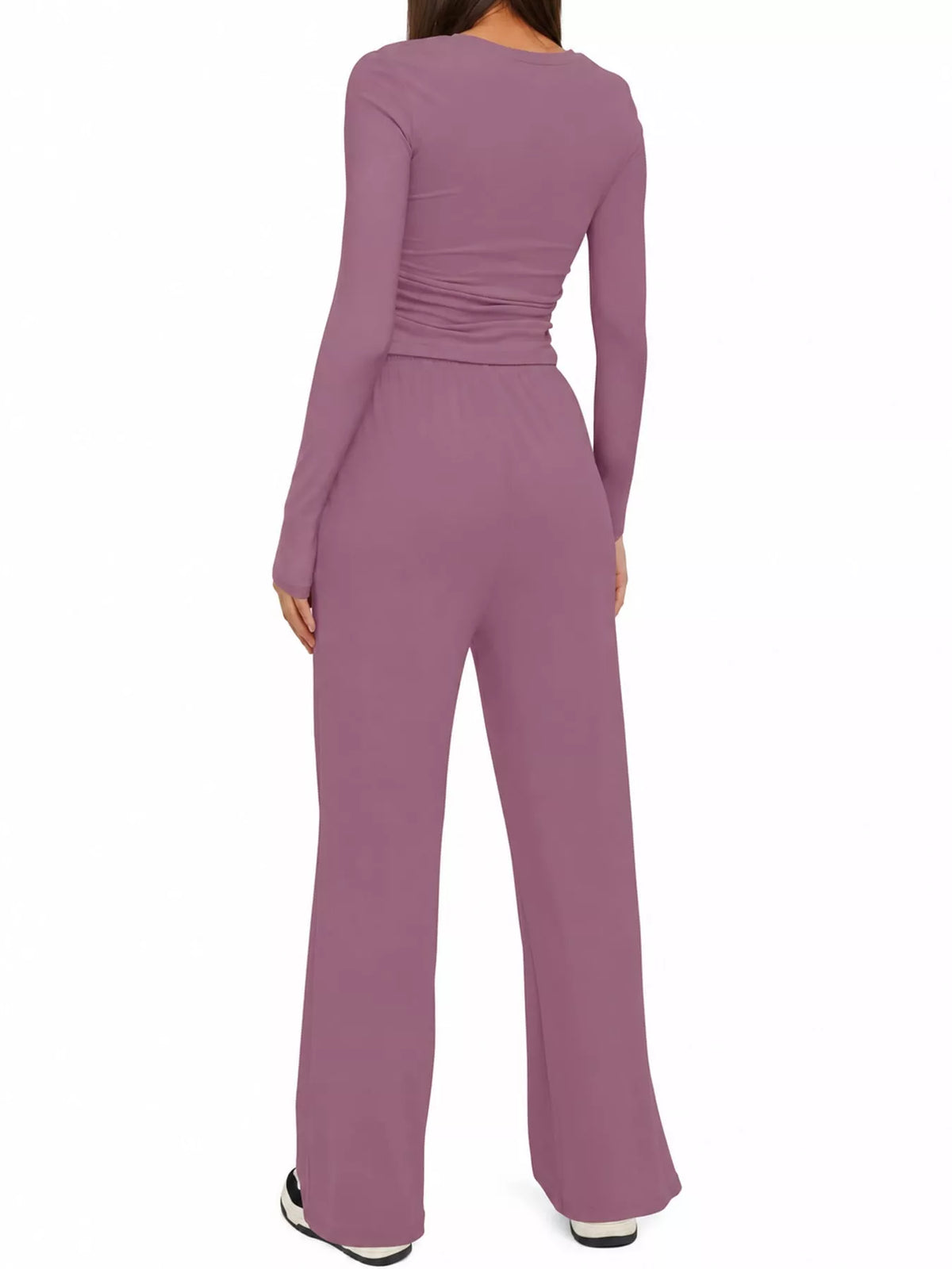 Long Sleeve Top and Wide-Leg Drawstring Pants Set — back view