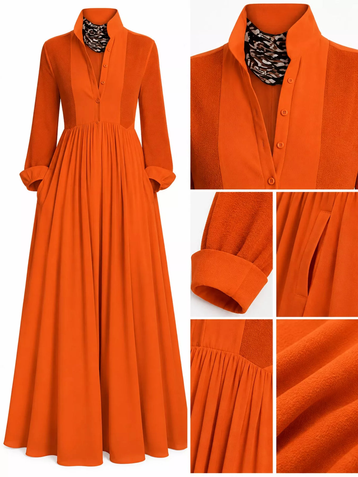 Orange long sleeve button-front maxi dress, collar waist cuff and hem details