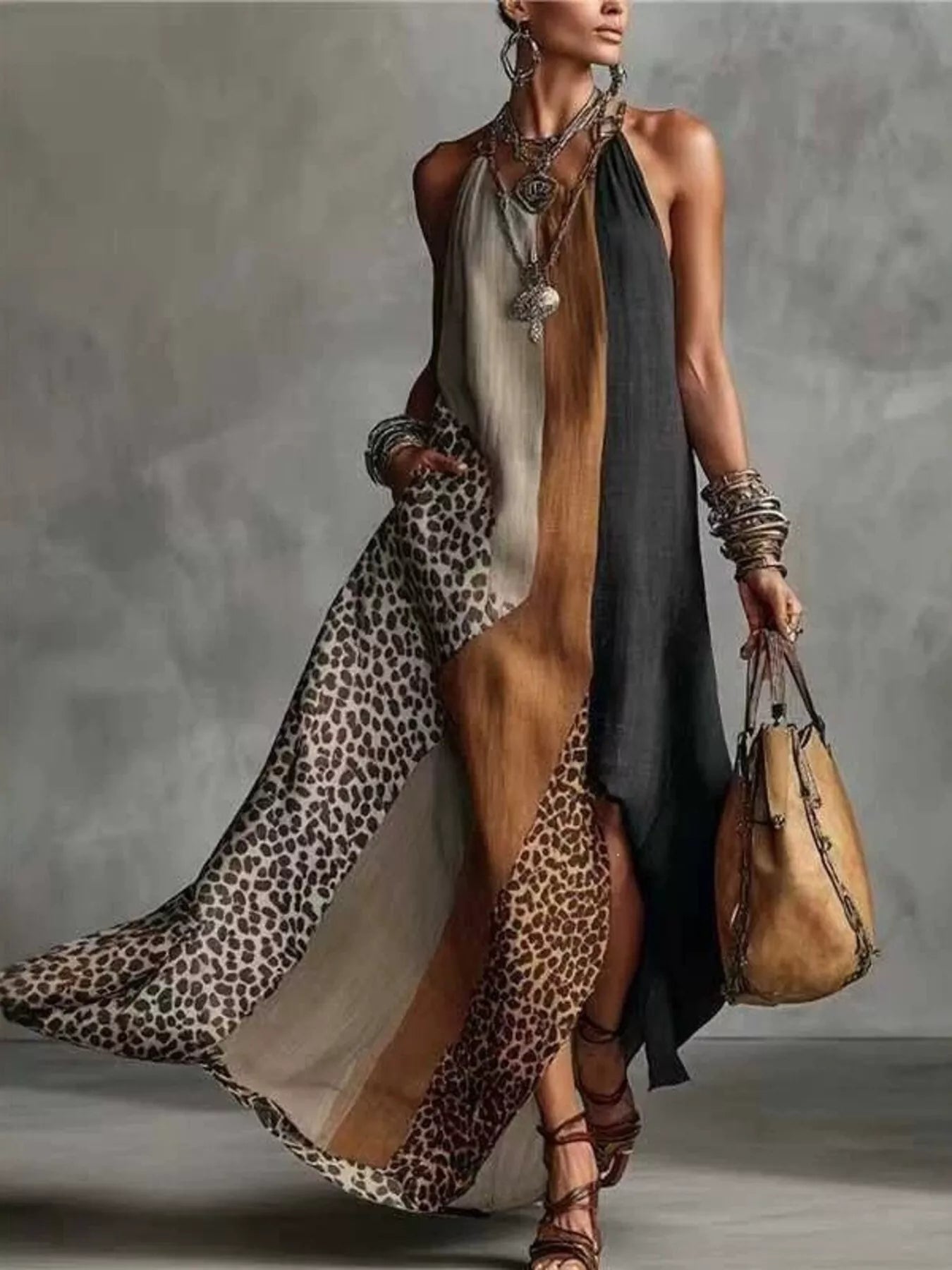 Trendsi Color-Block Leopard Print Sleeveless Maxi Dress -