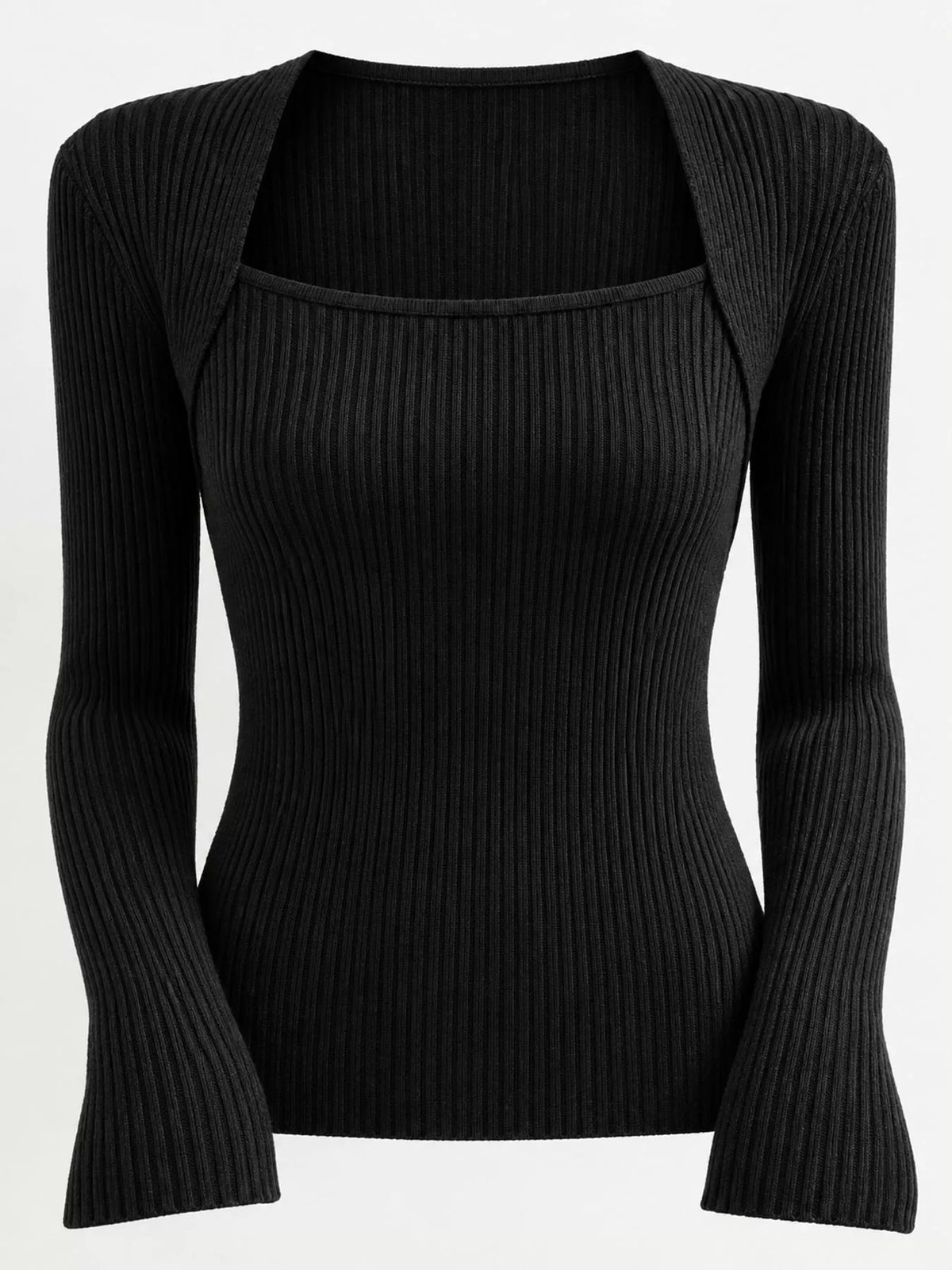 Black square neck ribbed knit slim-fit top