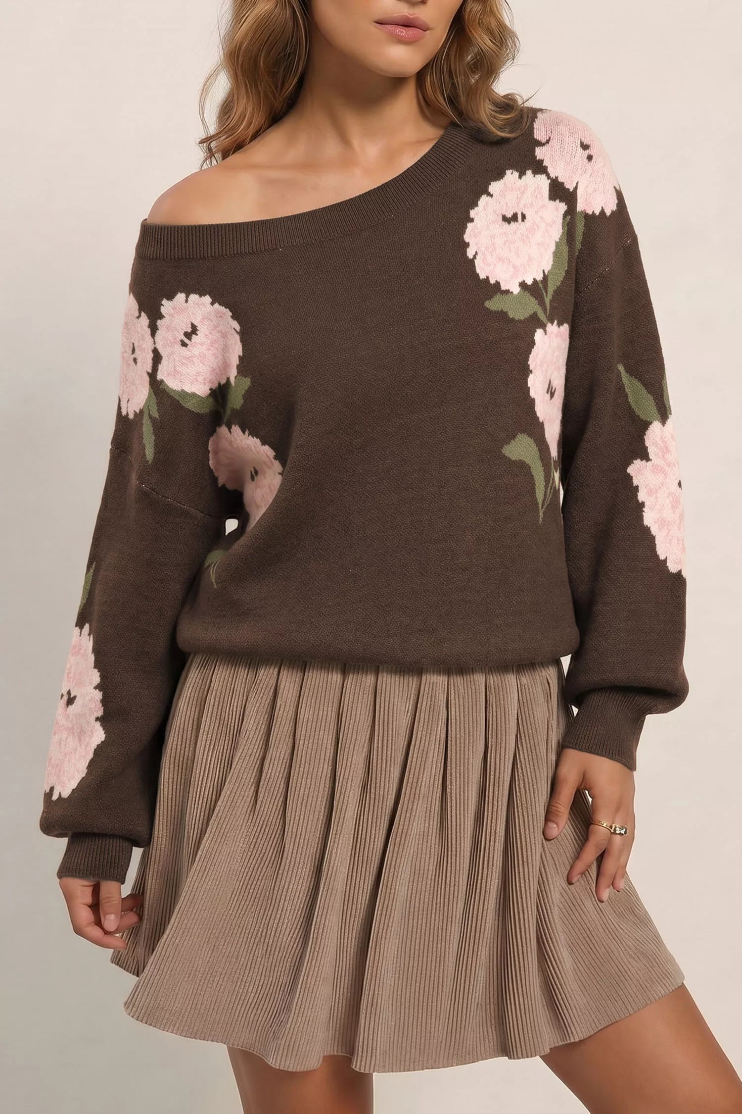 Trendsi Floral Print Drop Shoulder Relaxed Sweater -