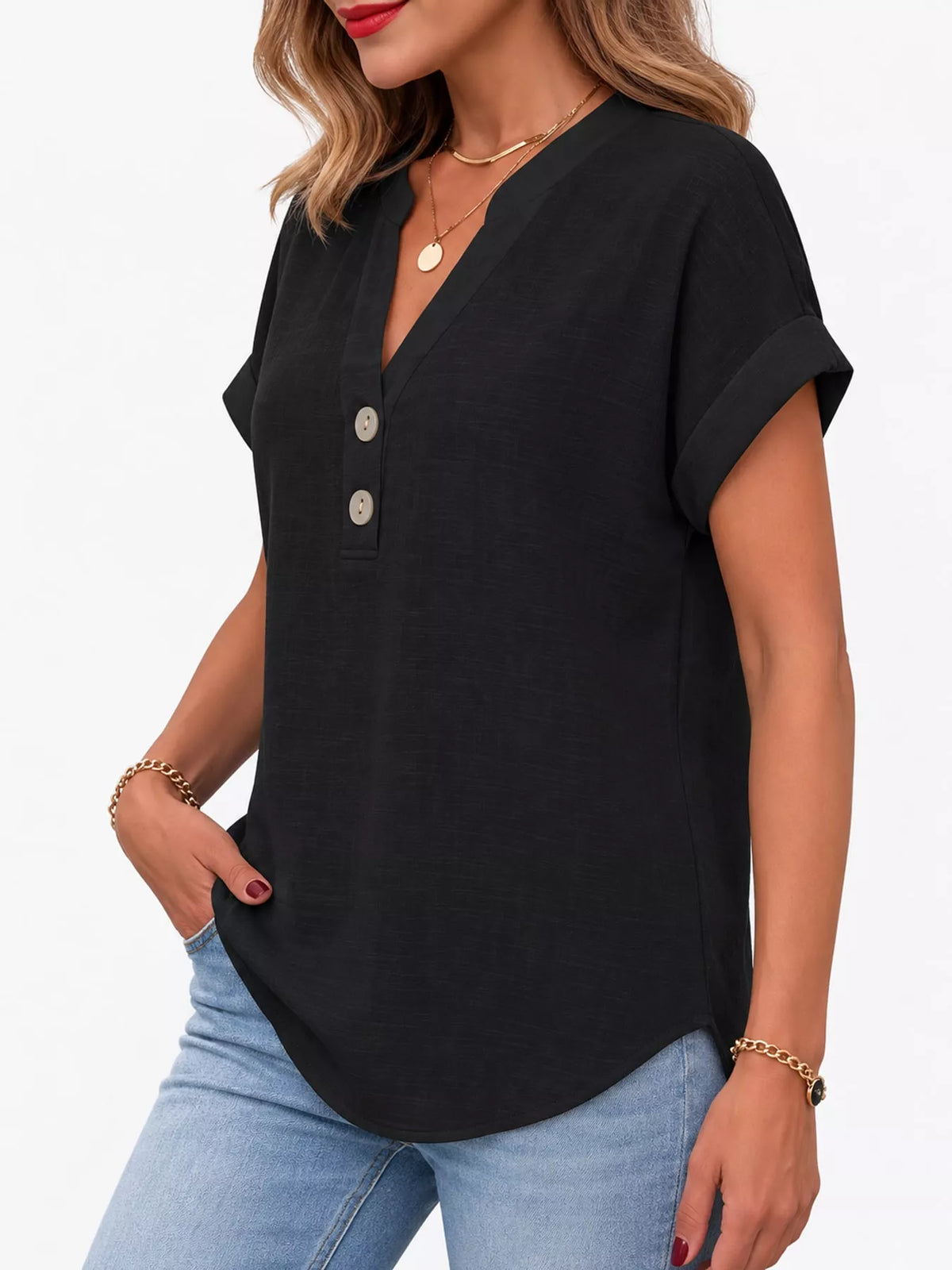 Black button detail short sleeve blouse, side view