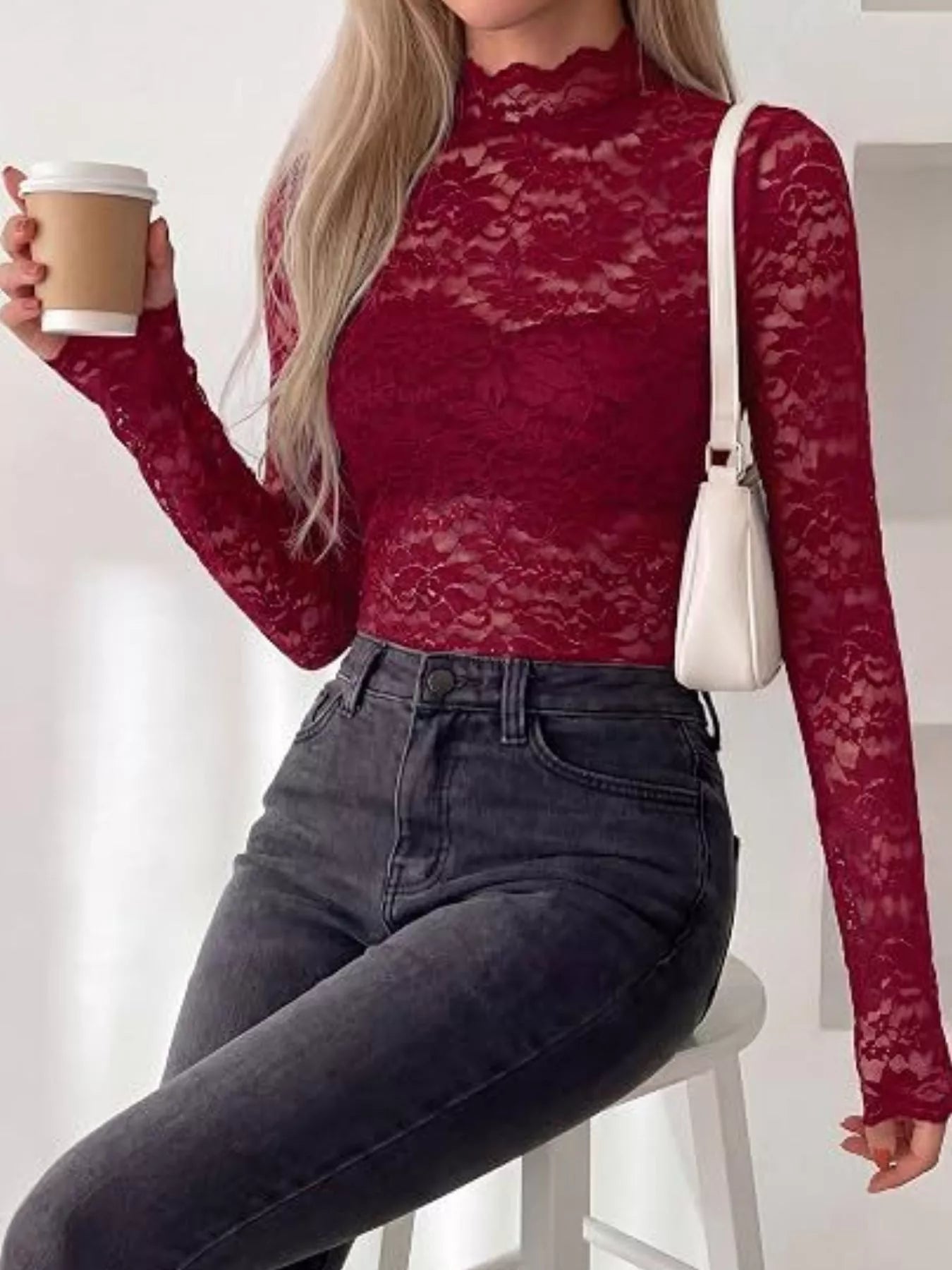 Trendsi Lace Mock Neck Long Sleeve Top -