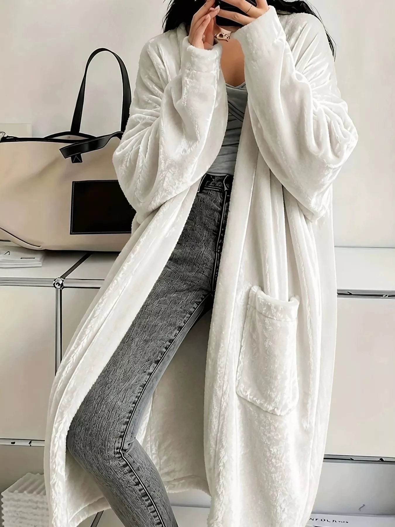 Trendsi Full Size Velvet Open-Front Longline Outerwear Plus Size -