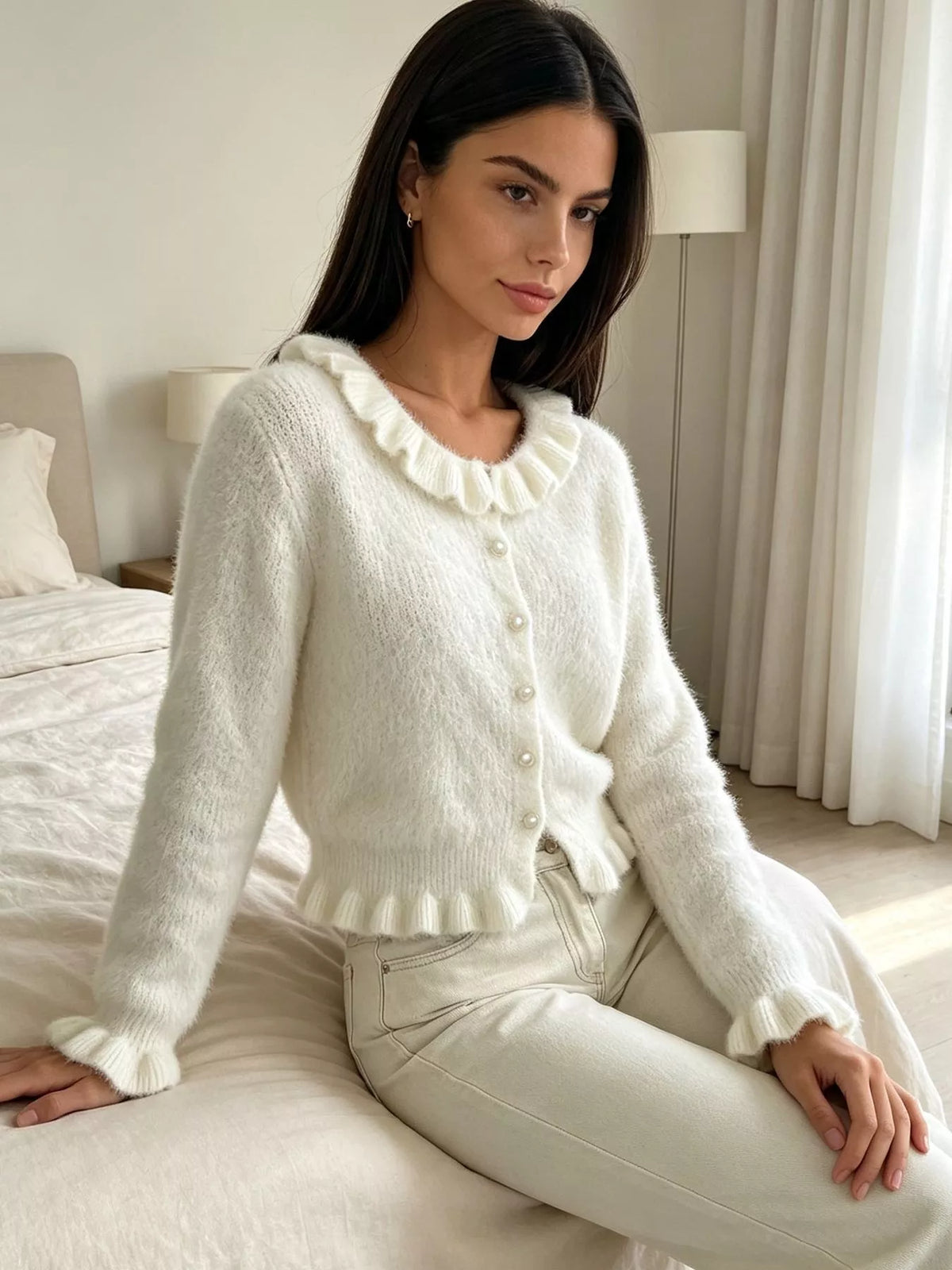 Ivory fuzzy ruffle-trim button-front cardigan, seated front view.