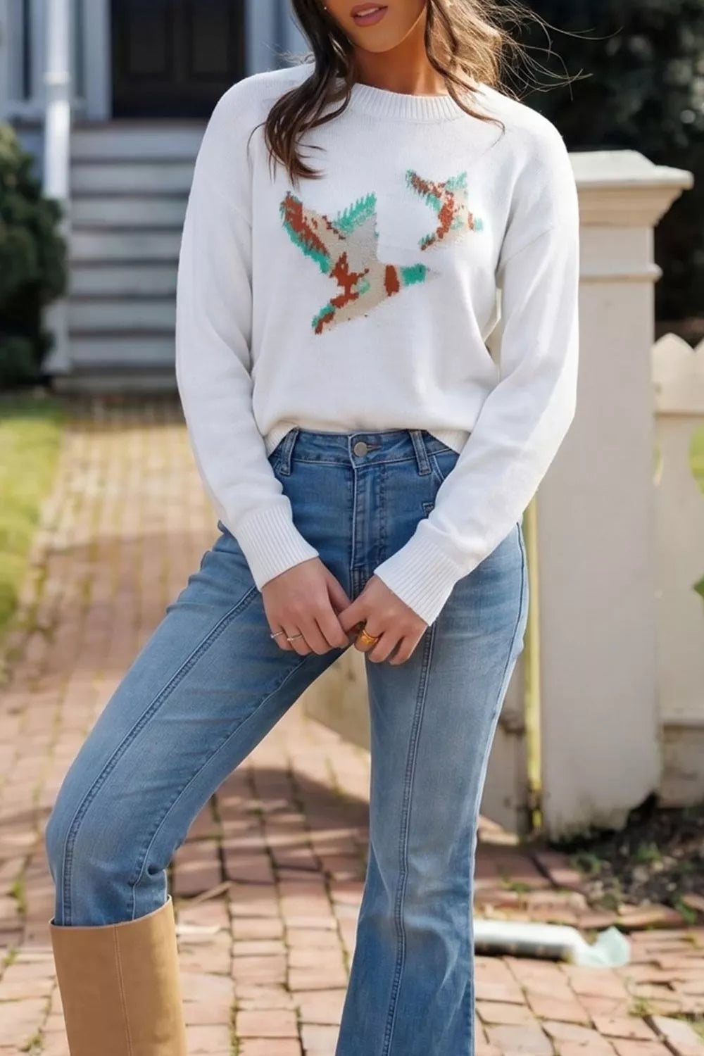 Trendsi Drop Shoulder Round Neck Long Sleeve Sweater -