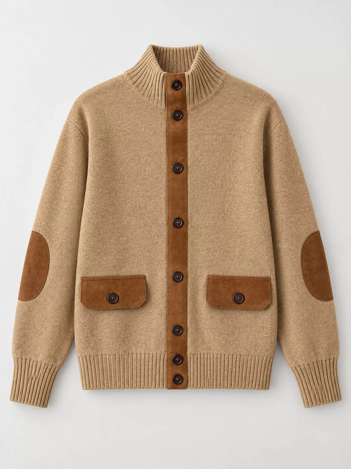 Ribbed-Knit Mock Neck Cardigan in camel, front view