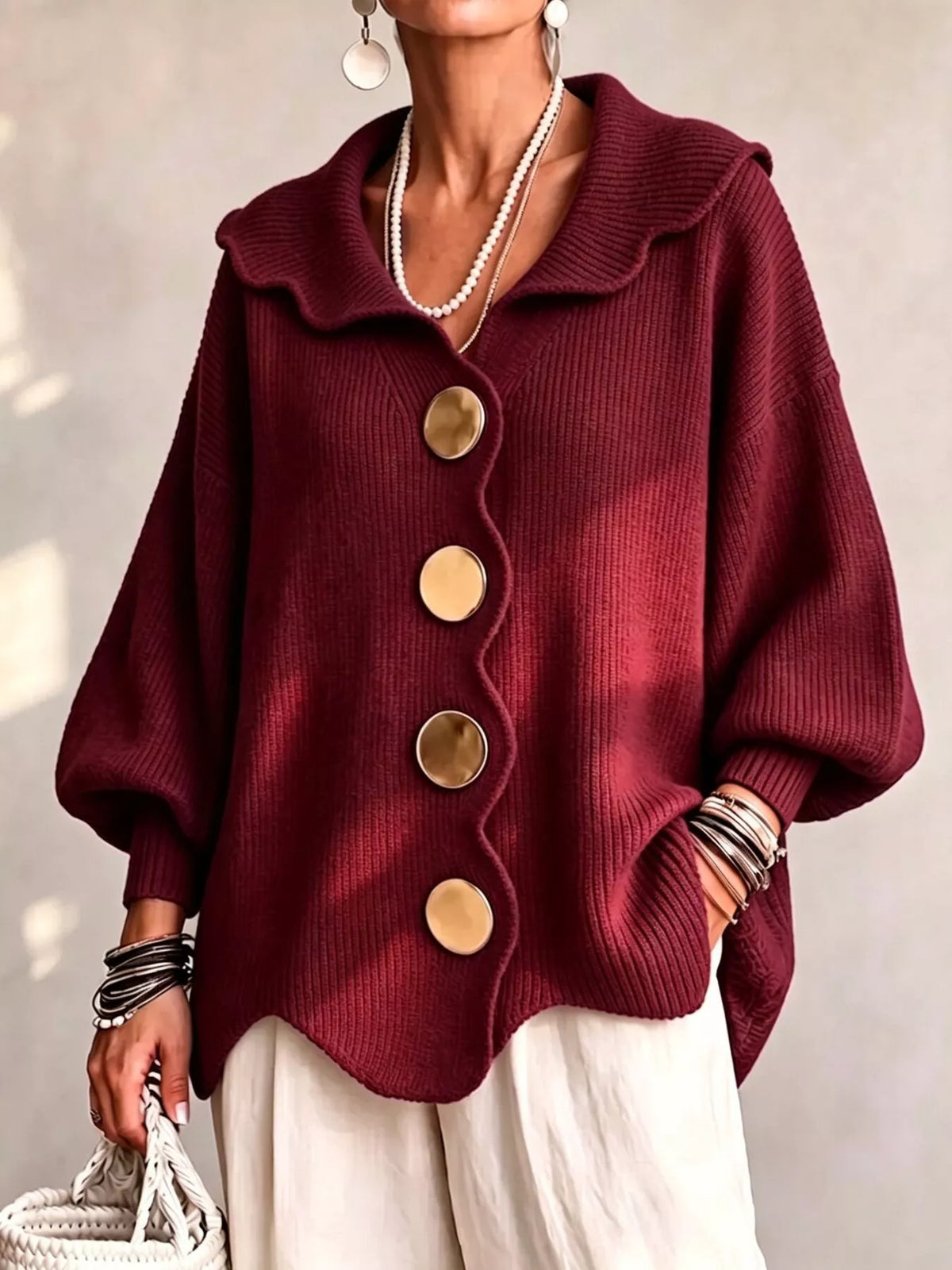 Burgundy scalloped-edge knit cardigan, front view