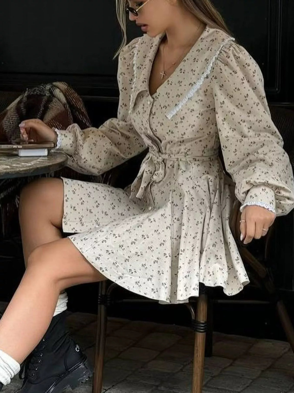 Beige Floral Puff-Sleeve Button-Front Midi Dress seated lifestyle view