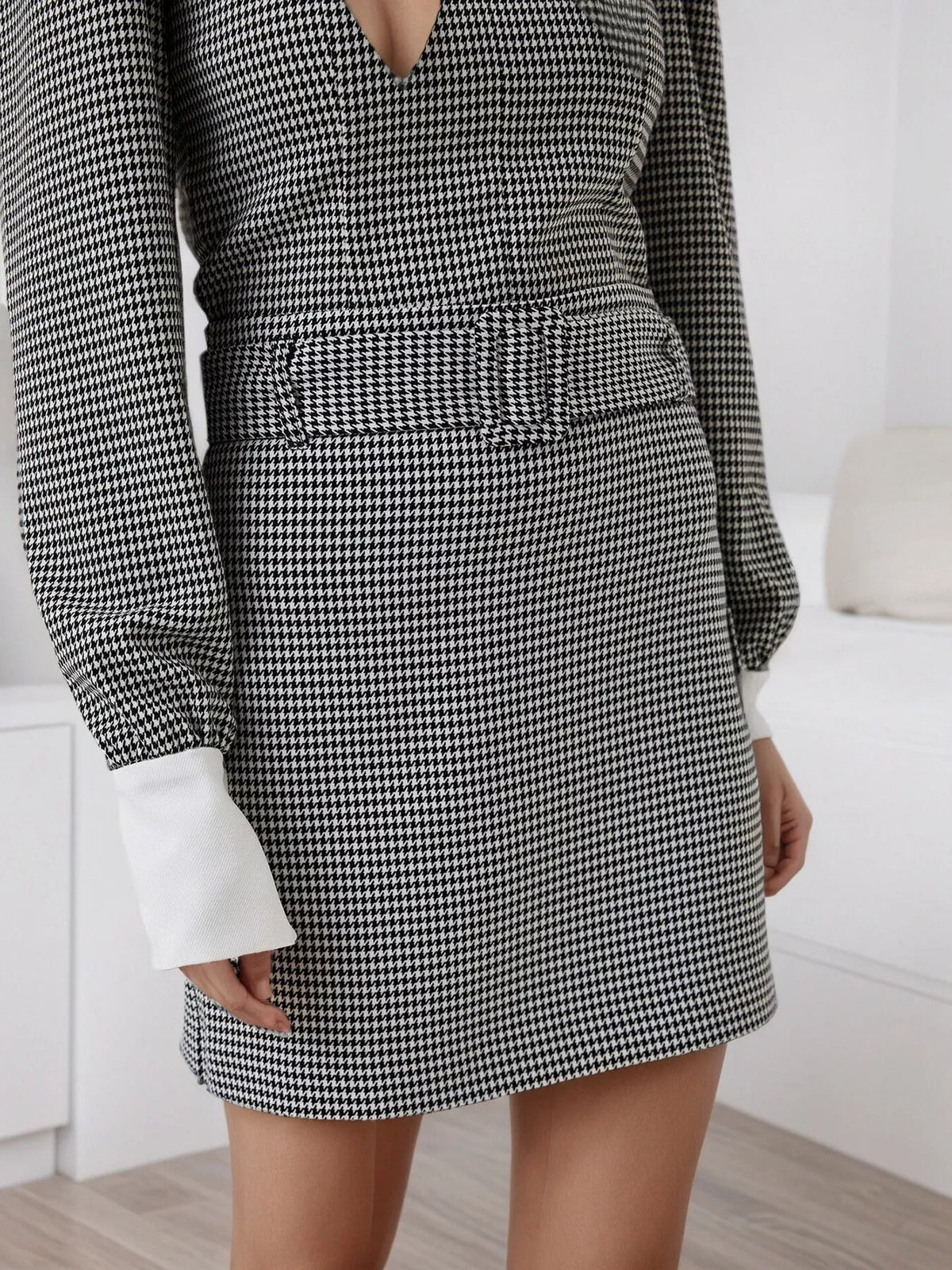 Black Contrast Collar Houndstooth Mini Dress close-up view
