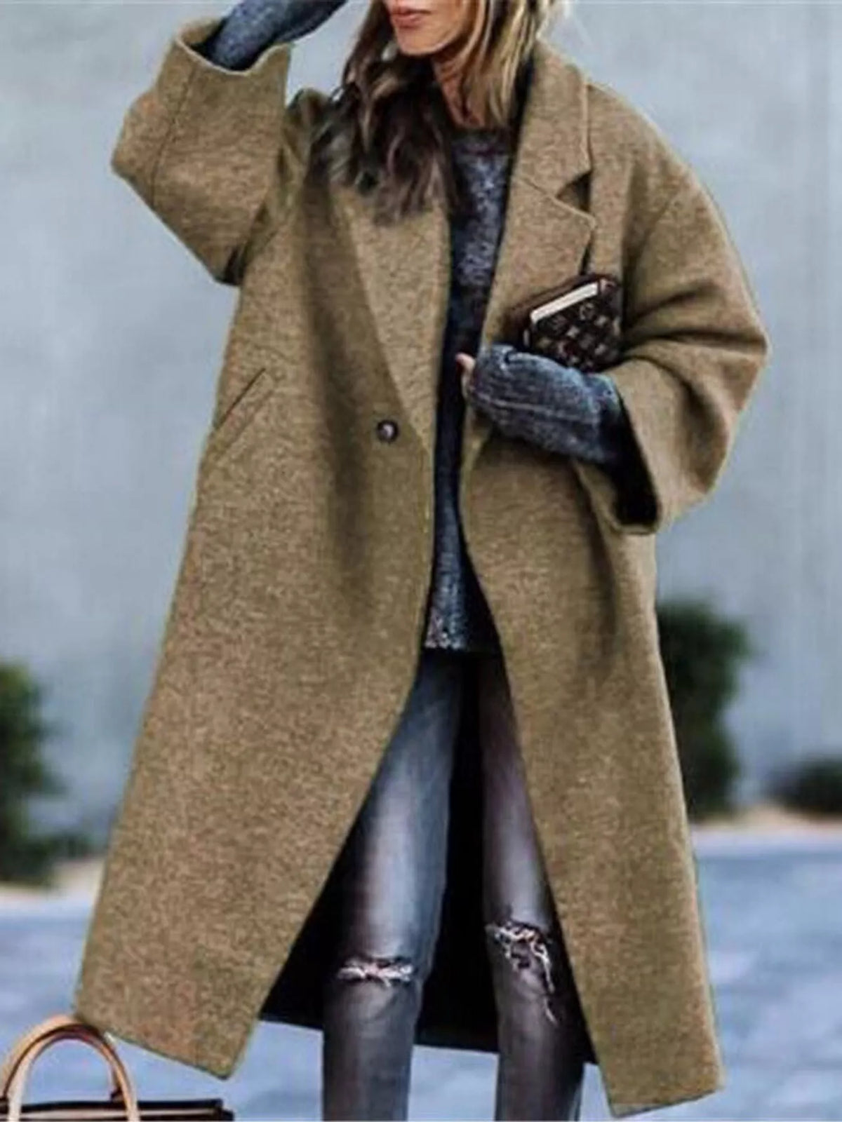Brown lapel collar one button coat