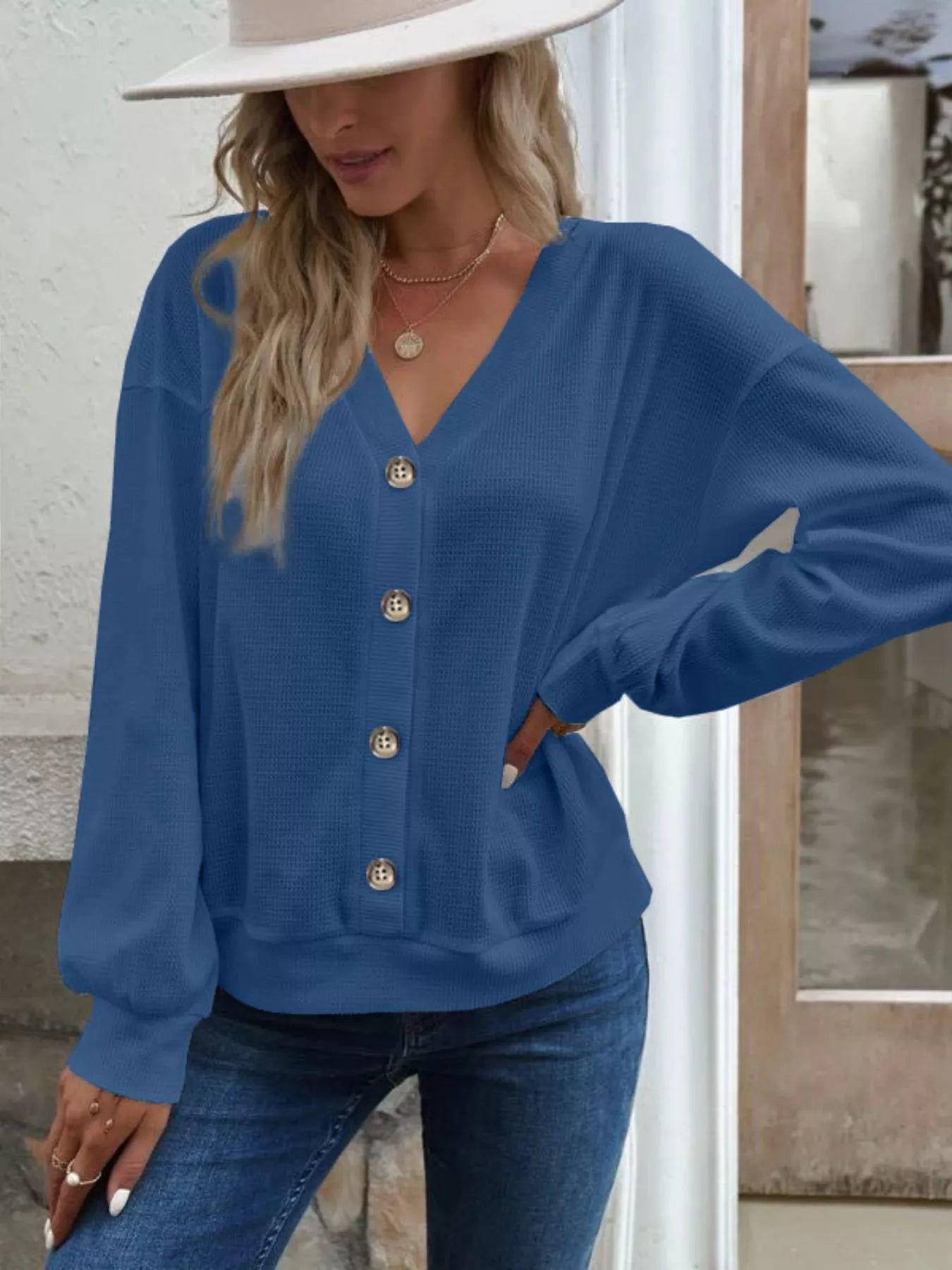 Trendsi Casual V-Neck Waffle Long Sleeve Top -