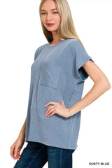 Trendsi Zenana Raised Rib Front Pocket Boxy Top -