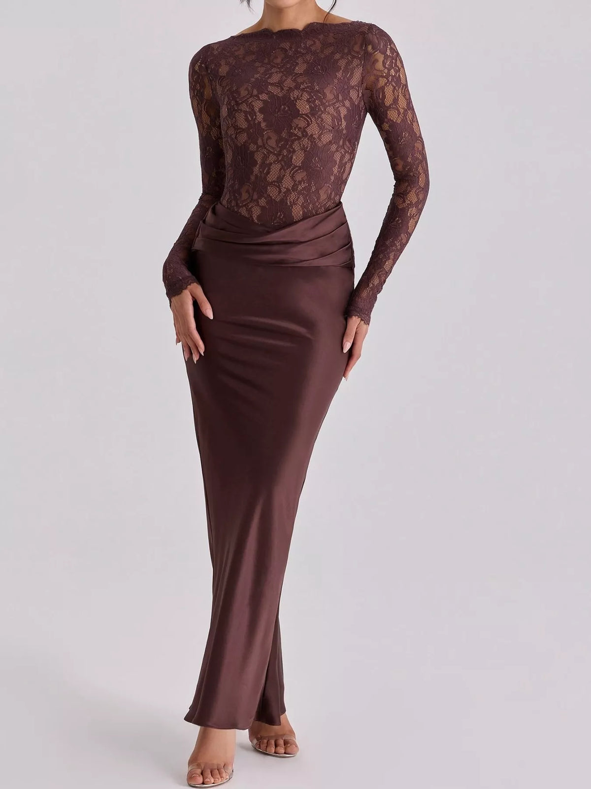 Brown lace and satin maxi dress