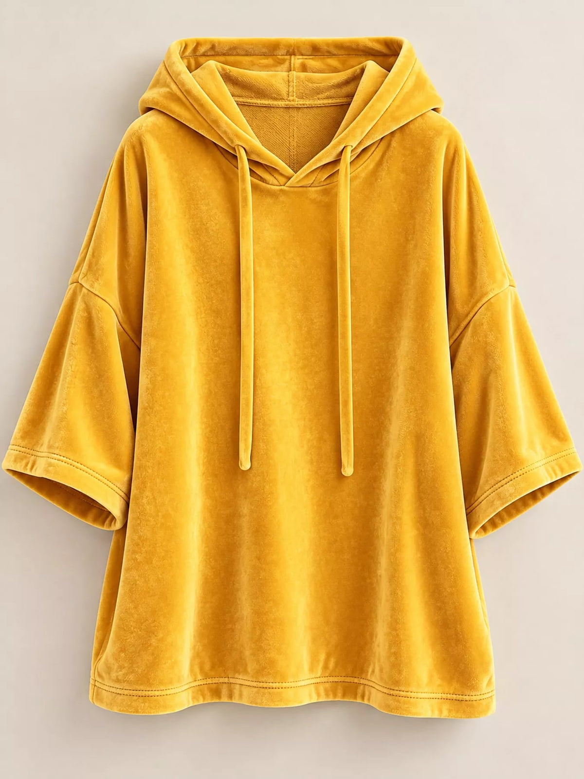 Yellow velvet half sleeve hoodie with drawstring