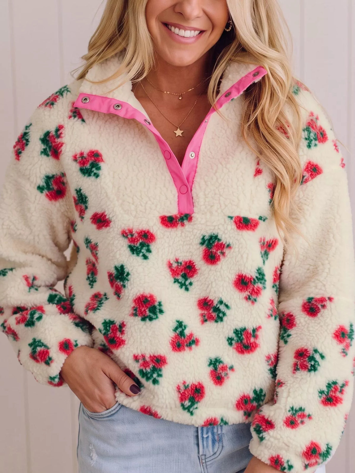 Floral Print Fleece Contrast Trim Button Collar Sweatshirt in beige, front view