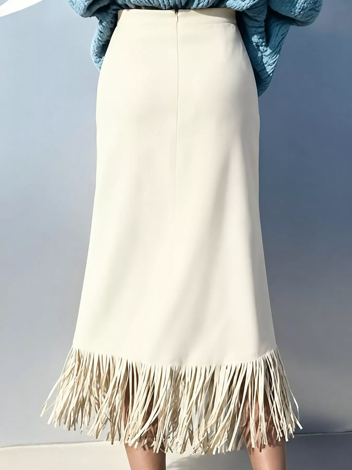 Cream fringe midi skirt, back view