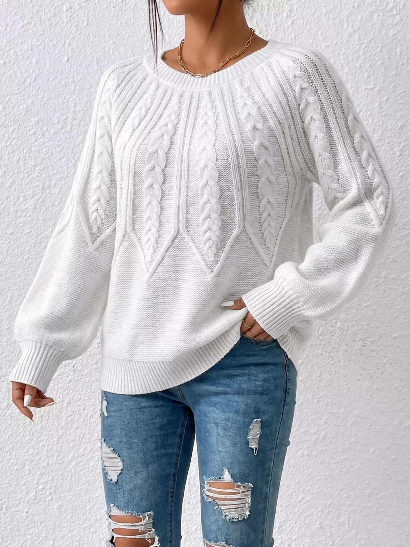 Trendsi Cable-Knit Round Neck Sweater -