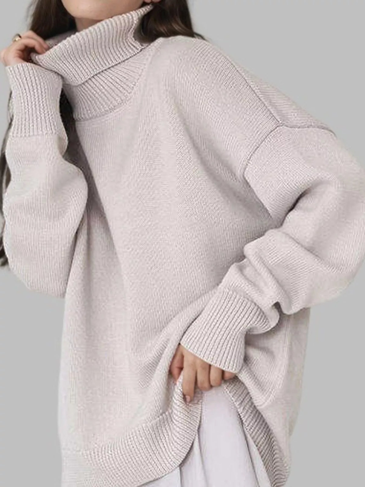 Oversized Turtleneck Drop Shoulder Sweater — front view