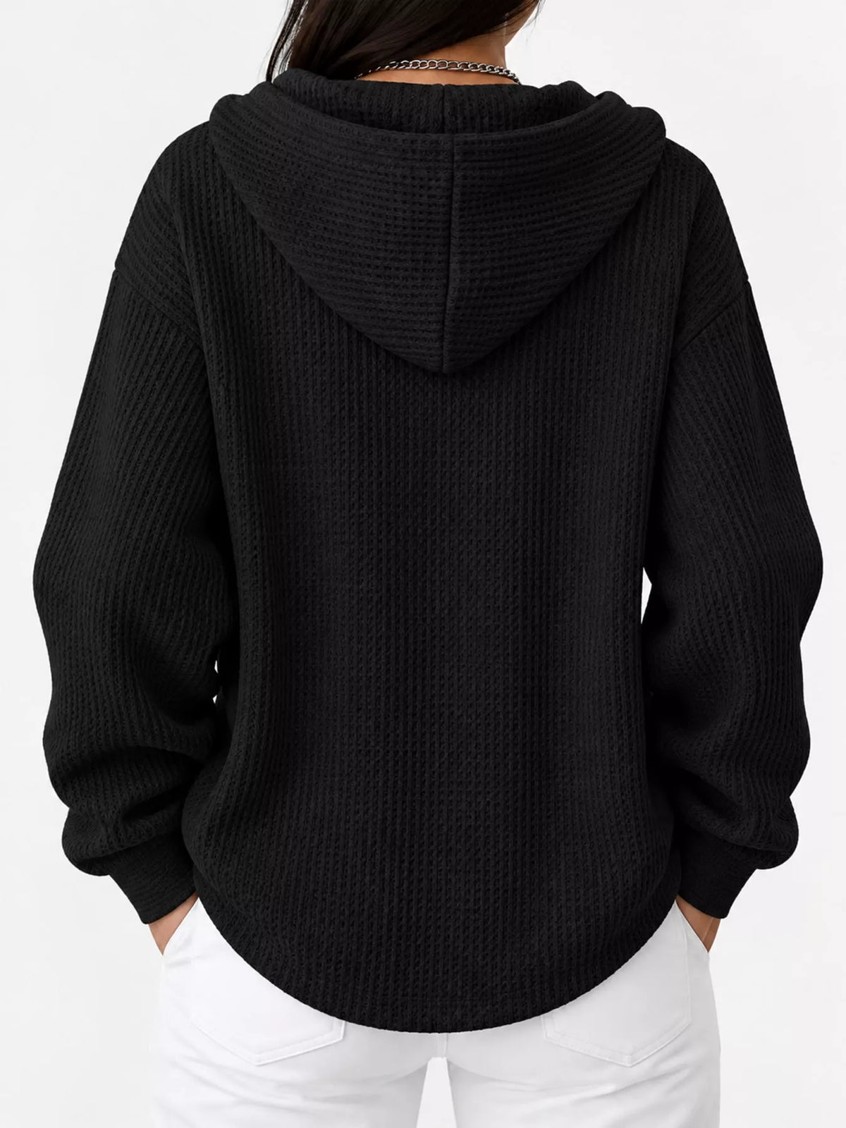 Waffle-knit hoodie, black back