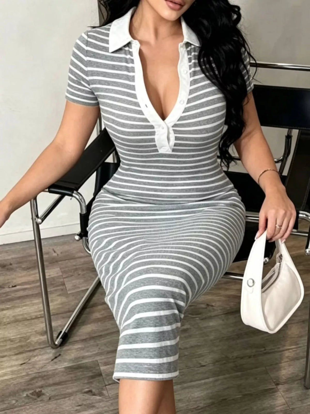 Striped Short Sleeve Bodycon Midi Dress in gray and white, front view