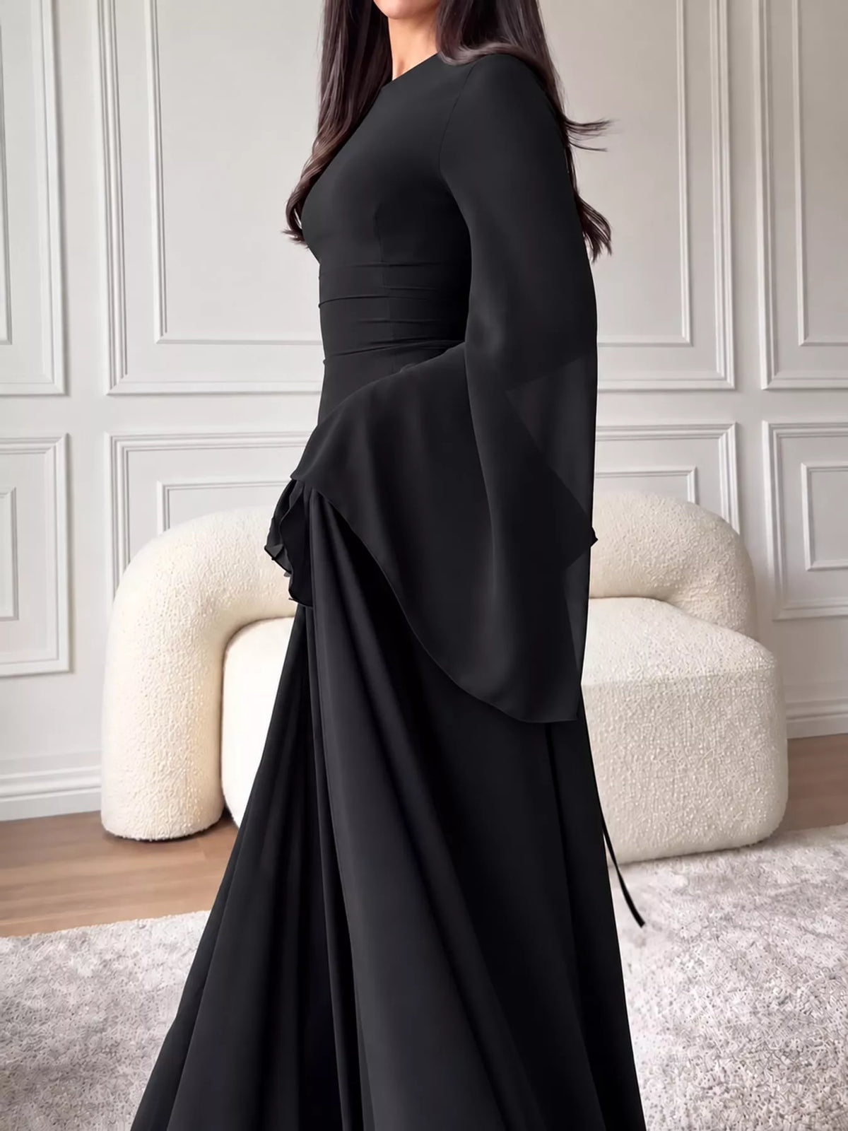 Black ruffled flare sleeve maxi dress, side view