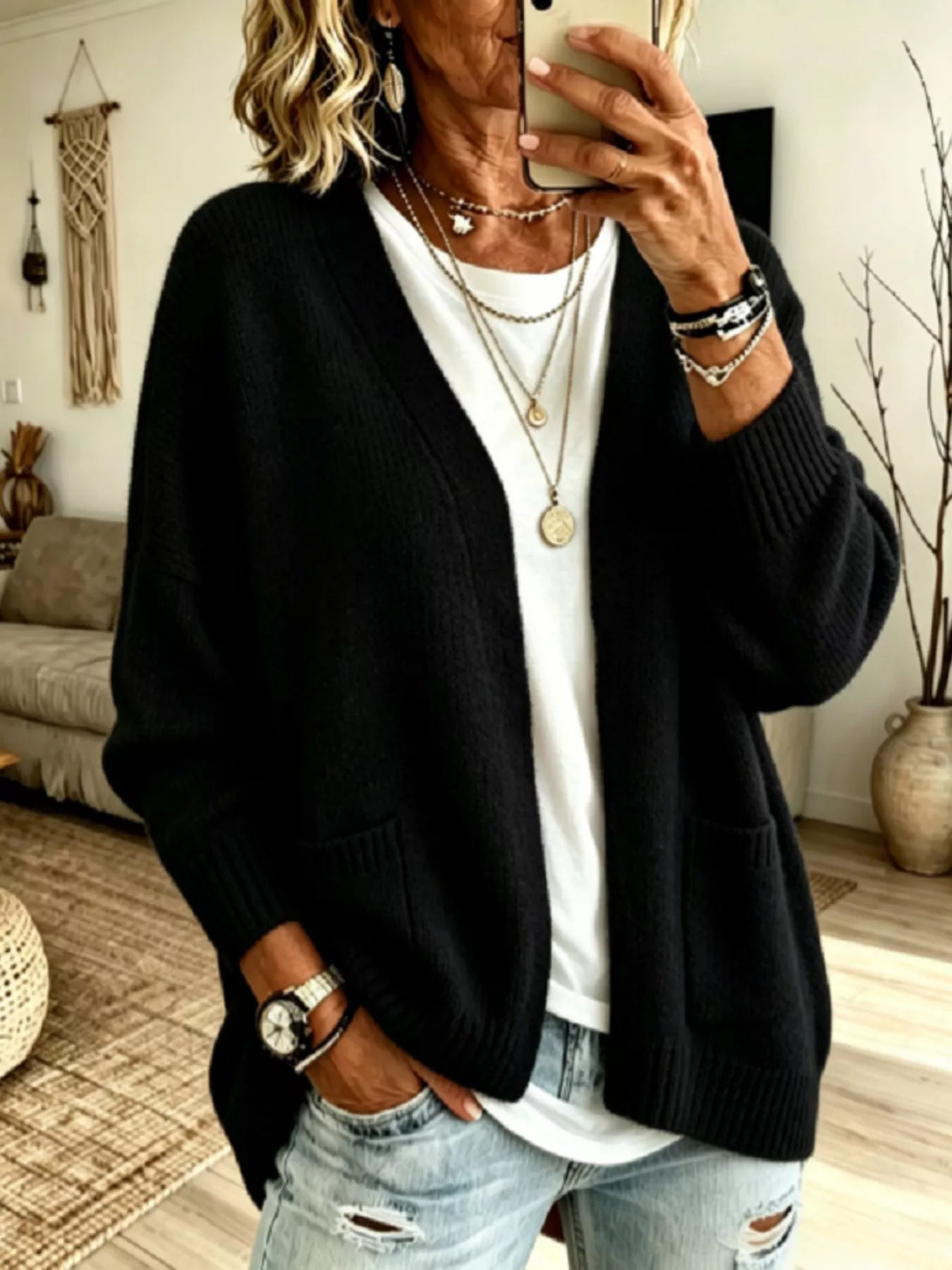 Trendsi Open Front Knit Cardigan with Pockets -