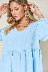 Trendsi Double Take Full Size V-Neck Balloon Sleeve Tiered Dress with Pockets -