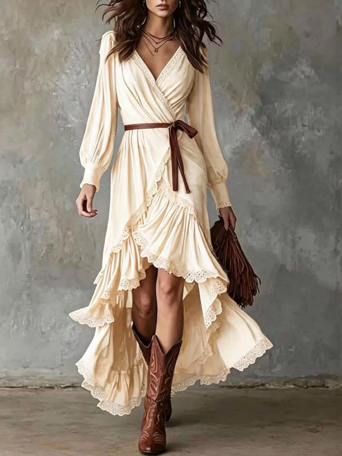 High-Low Hem Surplice Dress in apricot