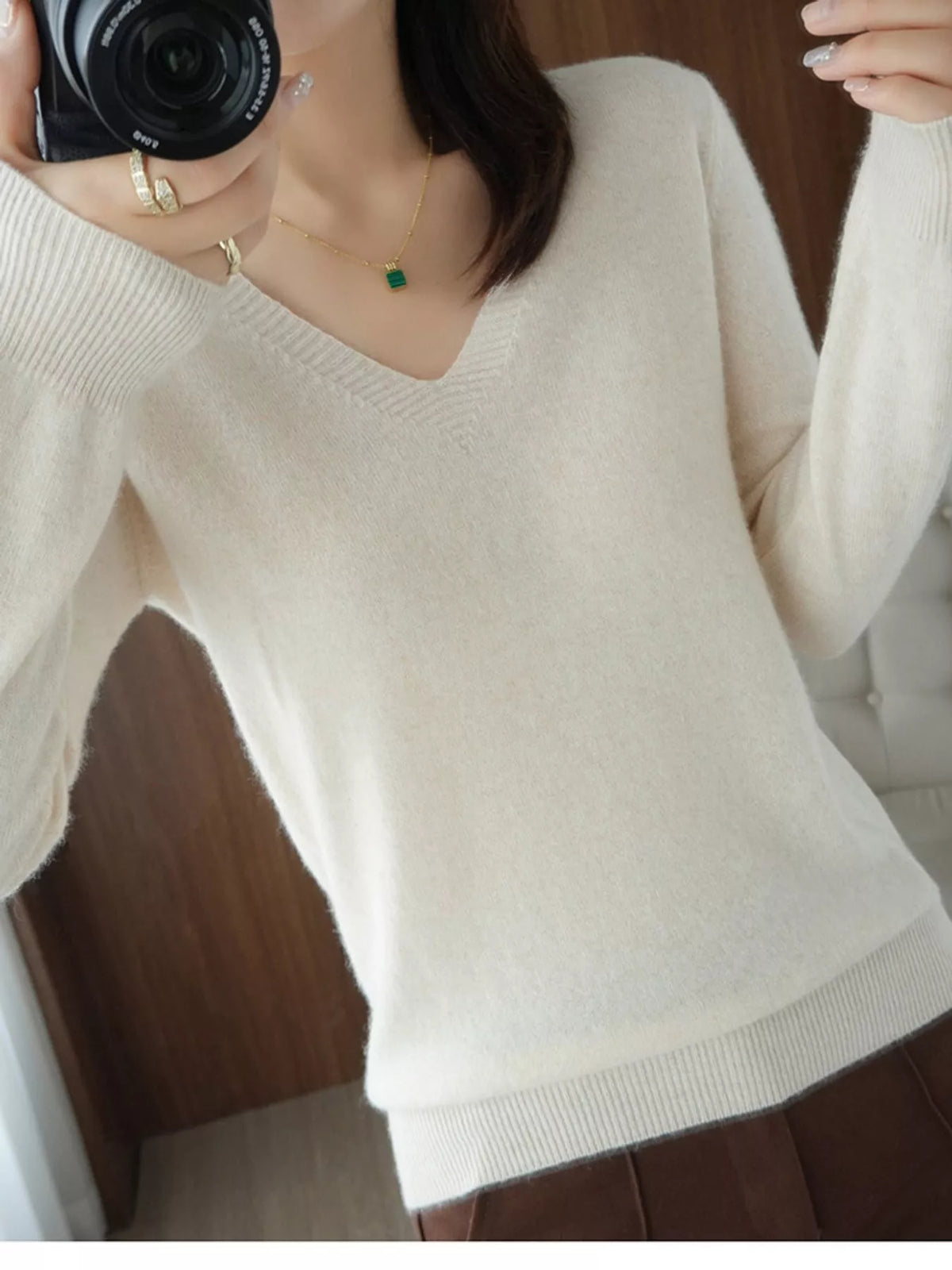 V-Neck Knit Sweater in white
