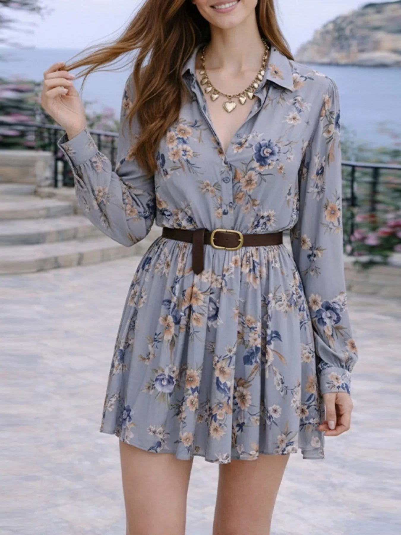 Trendsi Full Size Floral Print Long Sleeve Shirt Dress Plus Size -