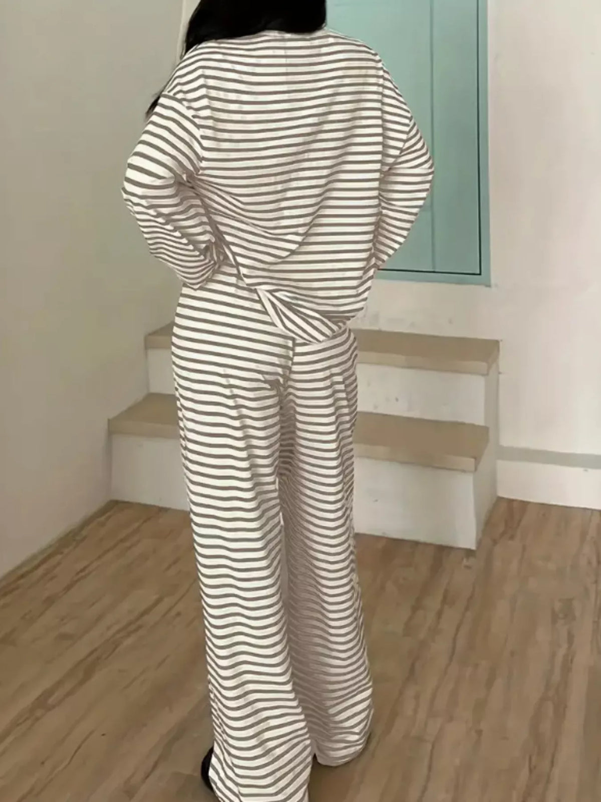 Taupe striped long-sleeve top and pants set, back view