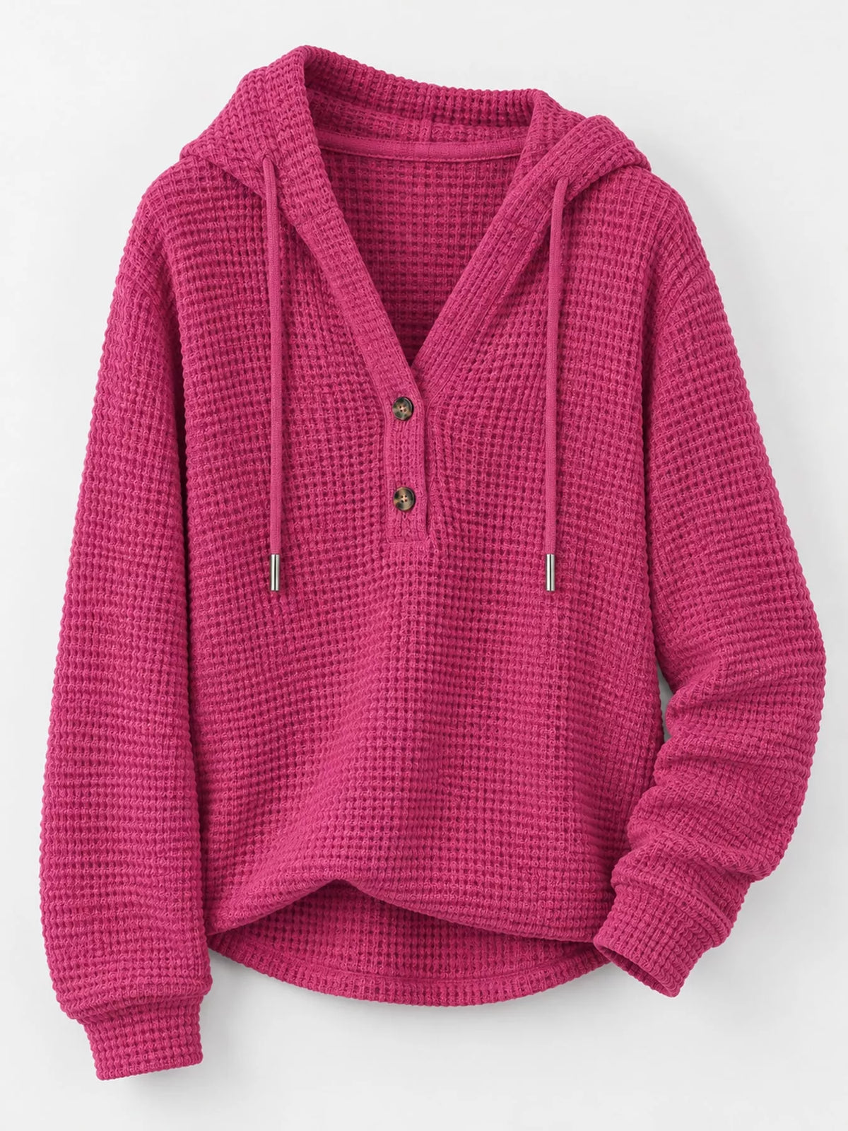 Hot pink waffle knit button-detail hoodie, product view
