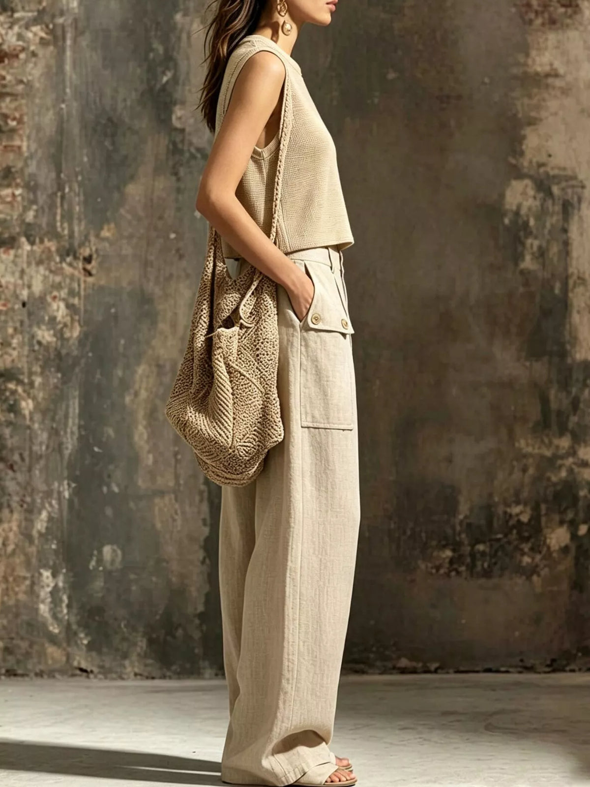 Khaki Sleeveless Crop Top & Wide-Leg Cargo Pants Set side view
