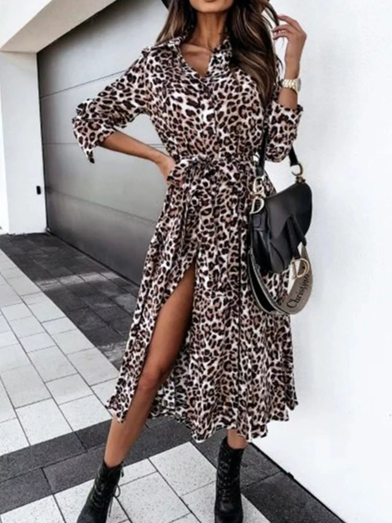 Trendsi Leopard Print Button-Down Midi Dress with Belt -