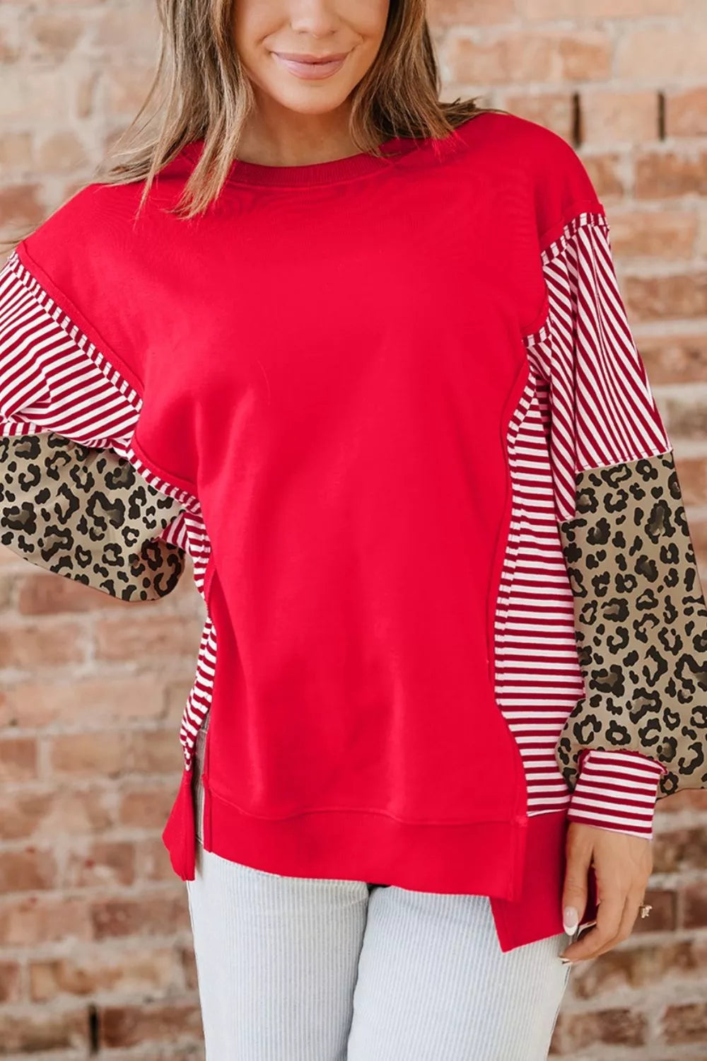 Trendsi Leopard and Striped Patchwork Sleeves Sweatshirt -