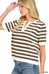 Trendsi Zenana Split Neck Stripe Short Sleeve Sweater -
